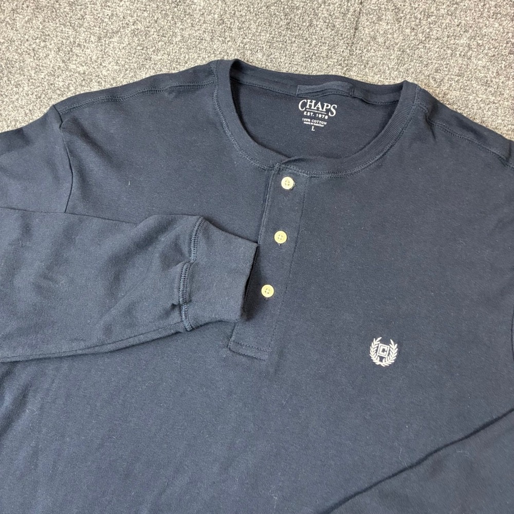 Chaps‎ Mens Navy Blue Long Sleeve Henley Shirt Cotton Size Large Logo